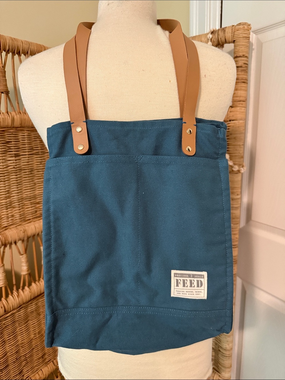 FEED Teal Canvas Tote with Tan Leather Handles